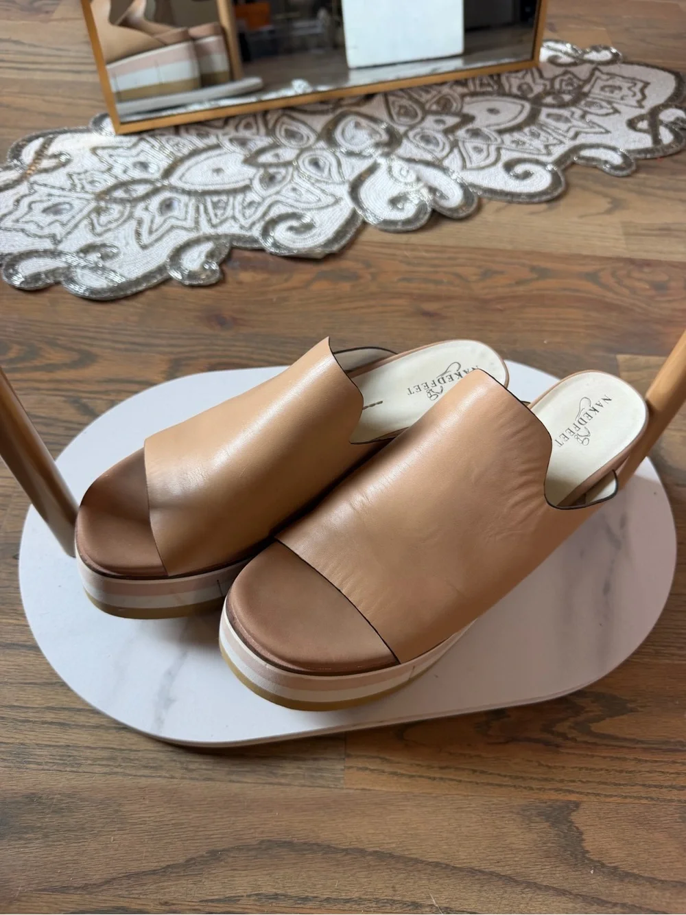 Naked Feet Tan Slide Platform with Pink and White Stripe Sole